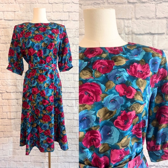 Vintage Dresses & Skirts - Vintage 60s Dress Handmade Midi Blue Pink Floral w Belt Garden Winter Fall